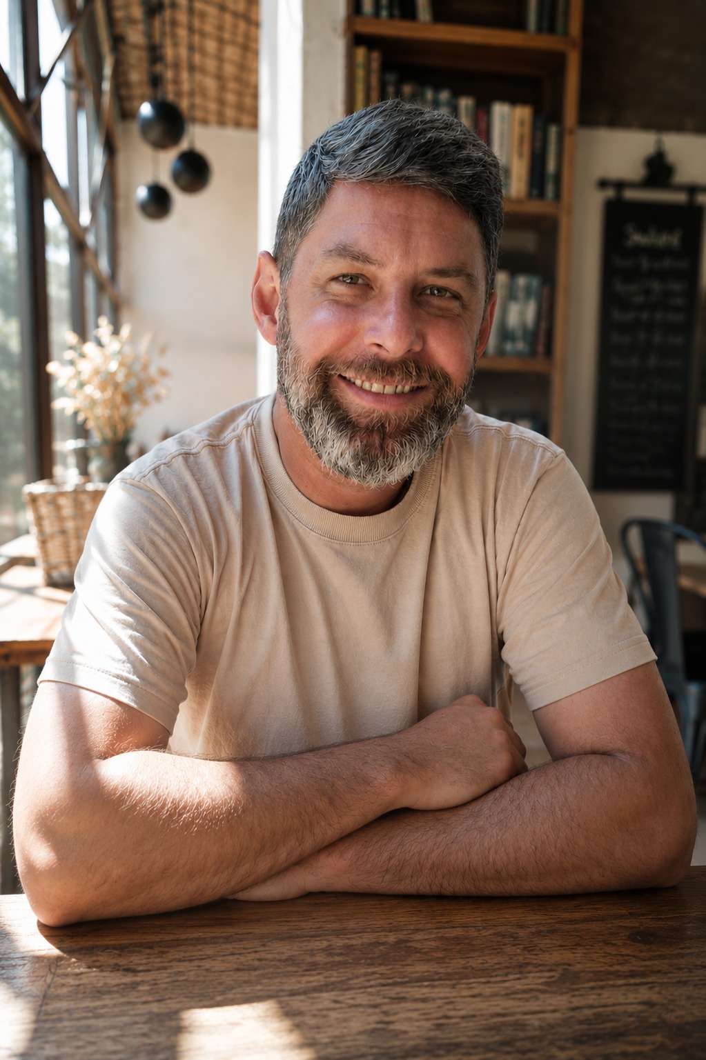 Retrato de Micael Gallo em ambiente de escrita