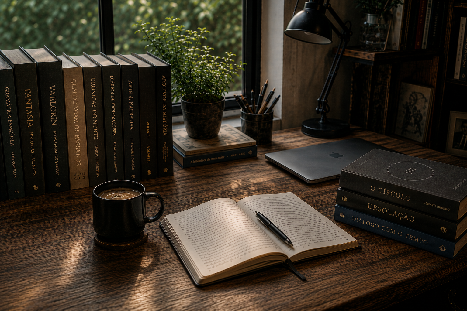 Mesa de escritor com livros, caderno e anotações